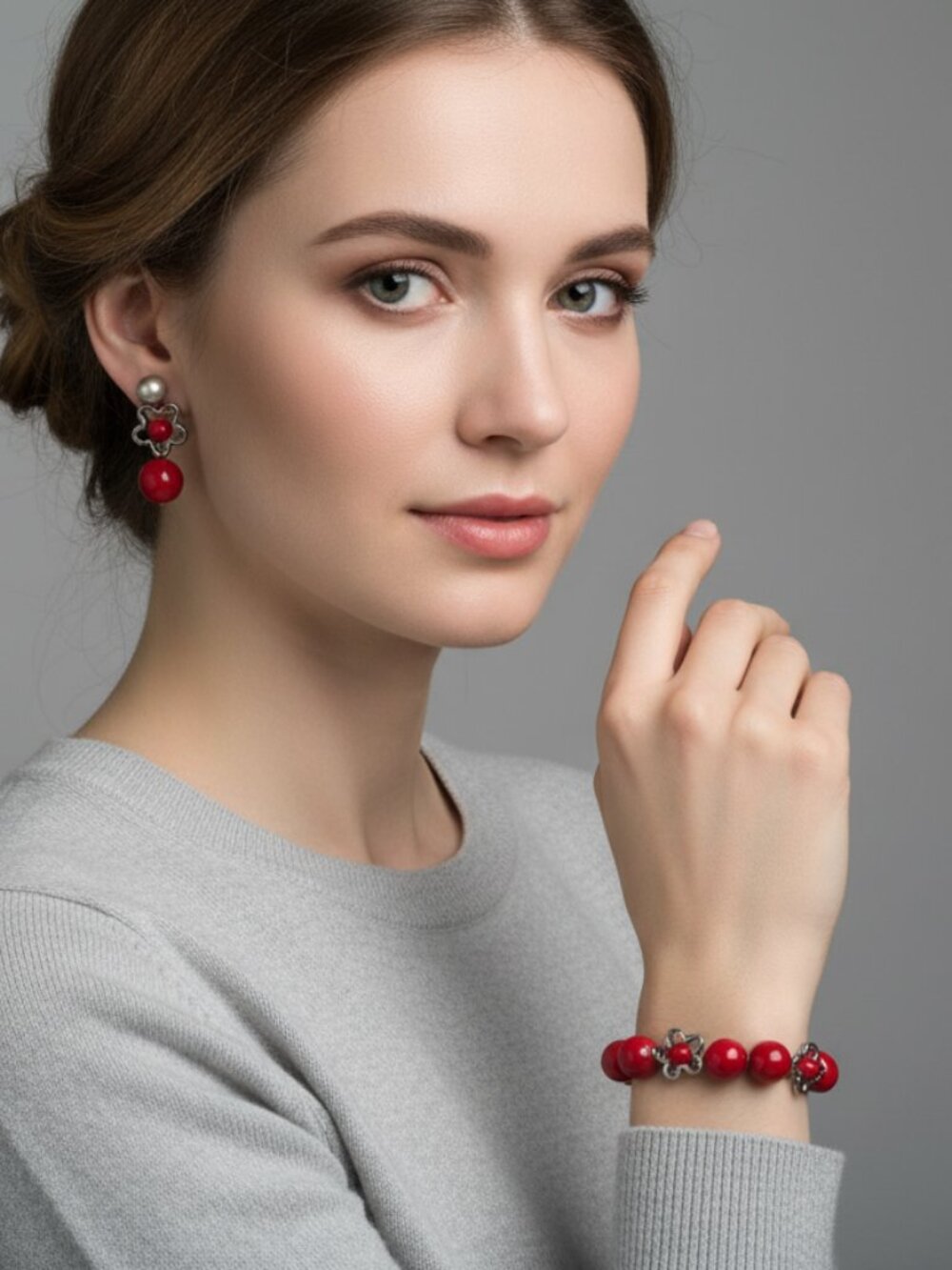 Maroon Red Round Beaded Floral Spacer Toggle Closure Bracelet & Earing's Set